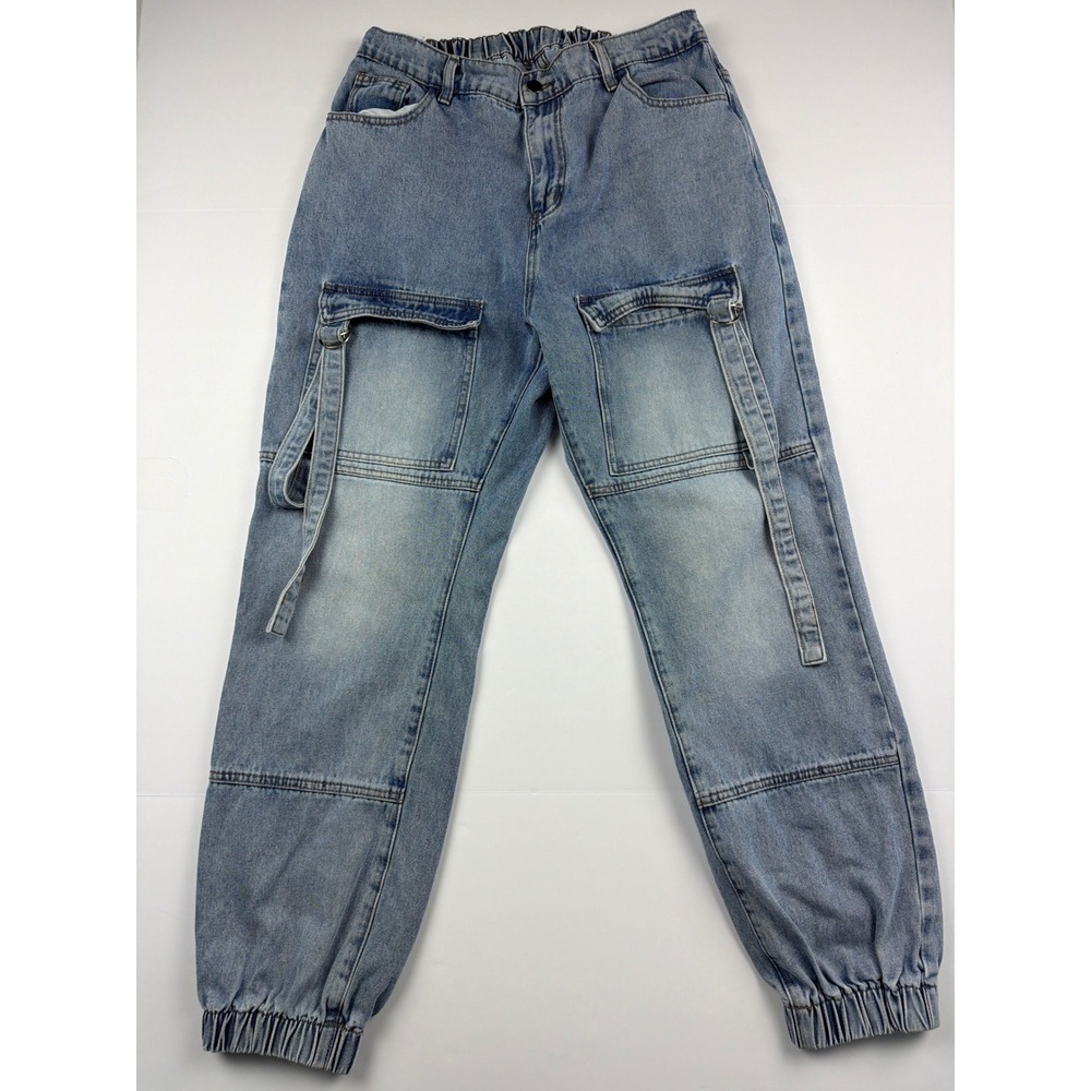 Y2K Vintage Look Light Wash Denim Cargo Jogger‎ Pants Blue Straps Size L
